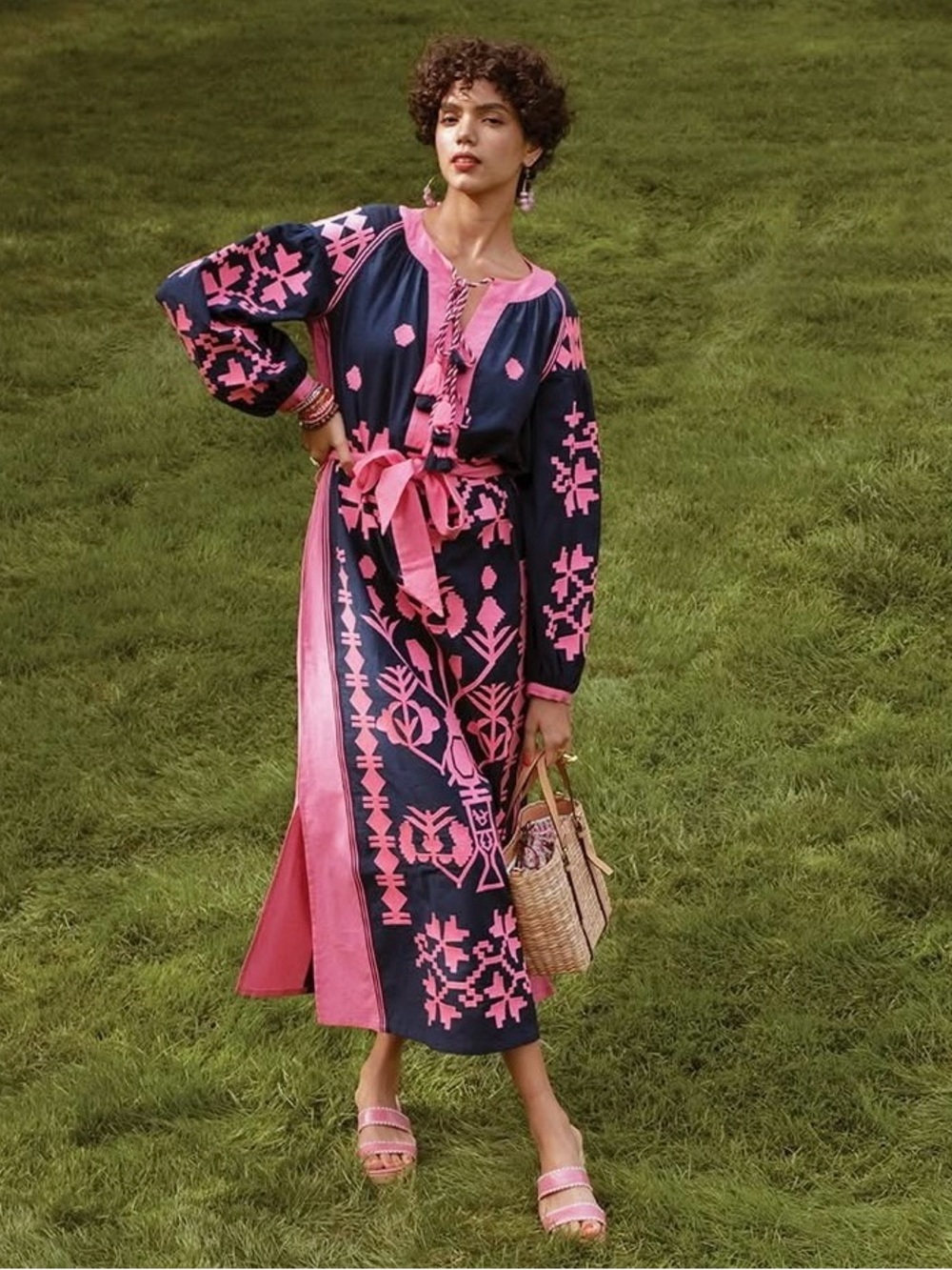Frances Valentine Navy Dress with Hot Pink Embroidery